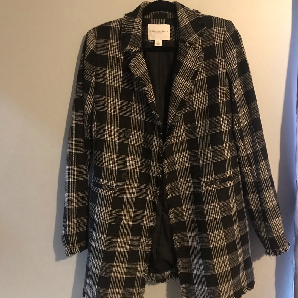 Carolina Belle Montreal plaid raw hem blazer